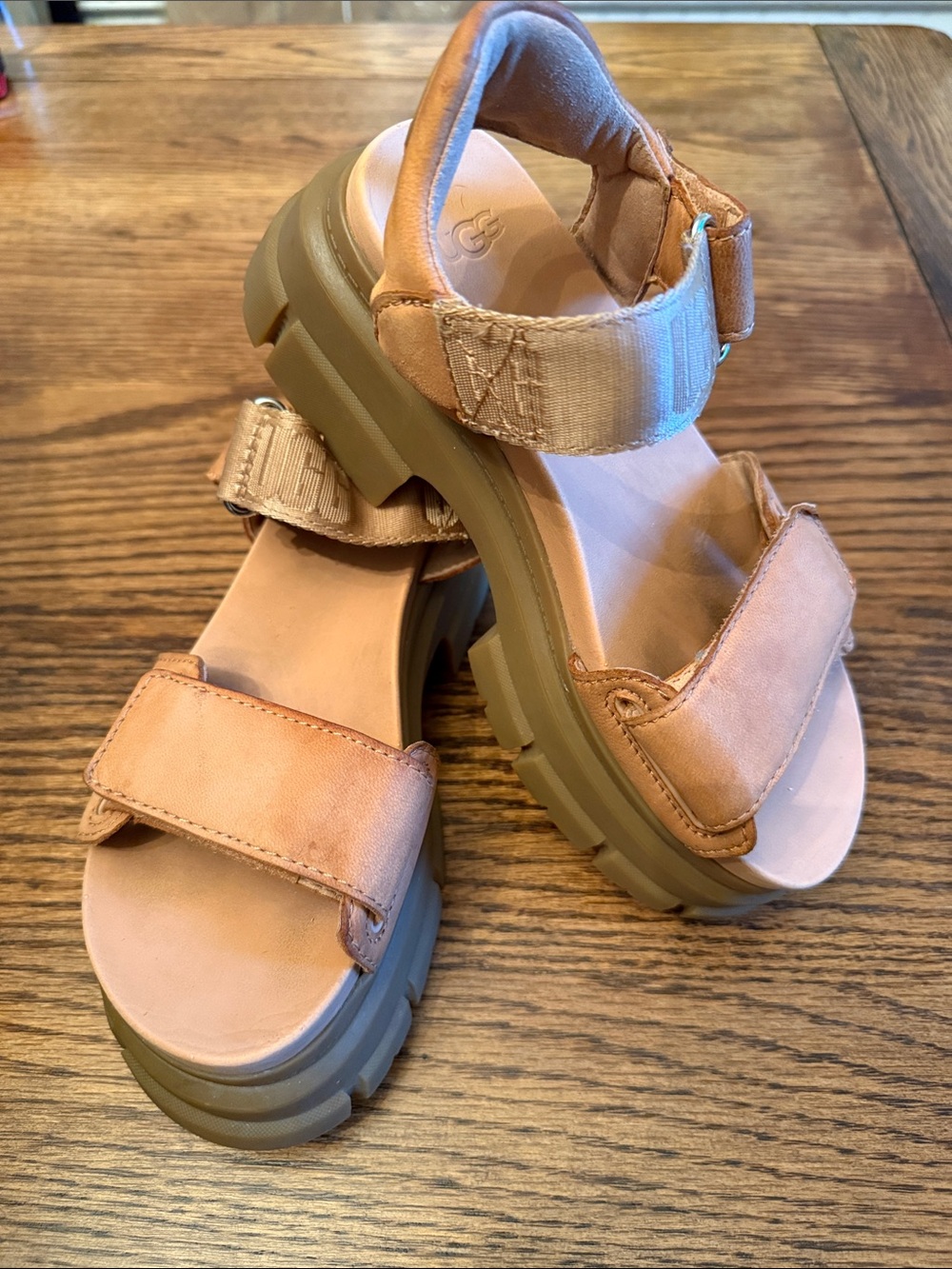UGG Chunky Platform Sport Sandals Leather Logo Webbing Tan Estimated 6 1/2-7